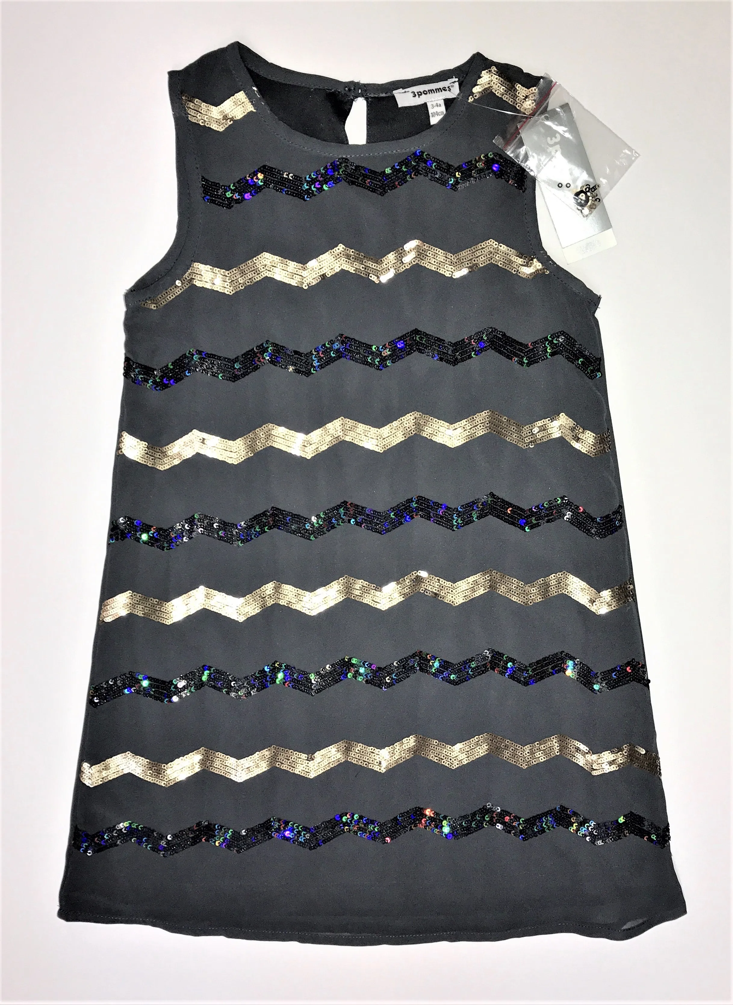 3Pommes Dark Grey Chiffon Tank Style Dress Fun Alternating Blk and Gold Sequin Detail