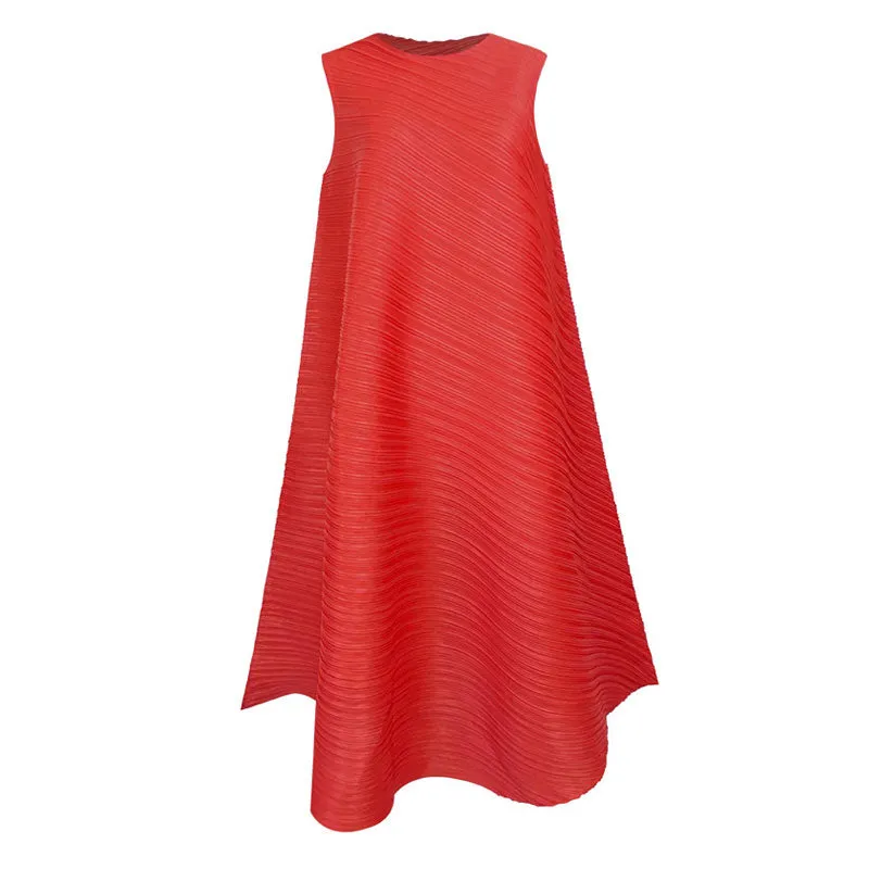 Artistic Round Neck A Line Sleeveless Asymmetrical Pleated Midi Dress