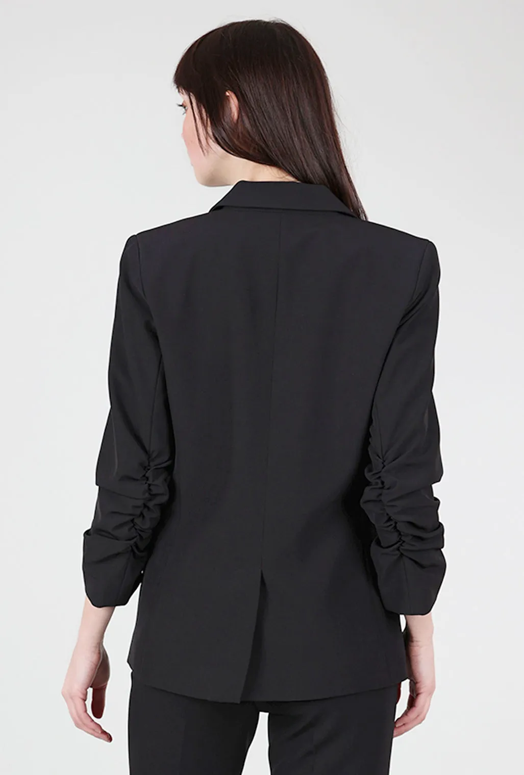 Crepe Ruched-Sleeve Blazer, Black