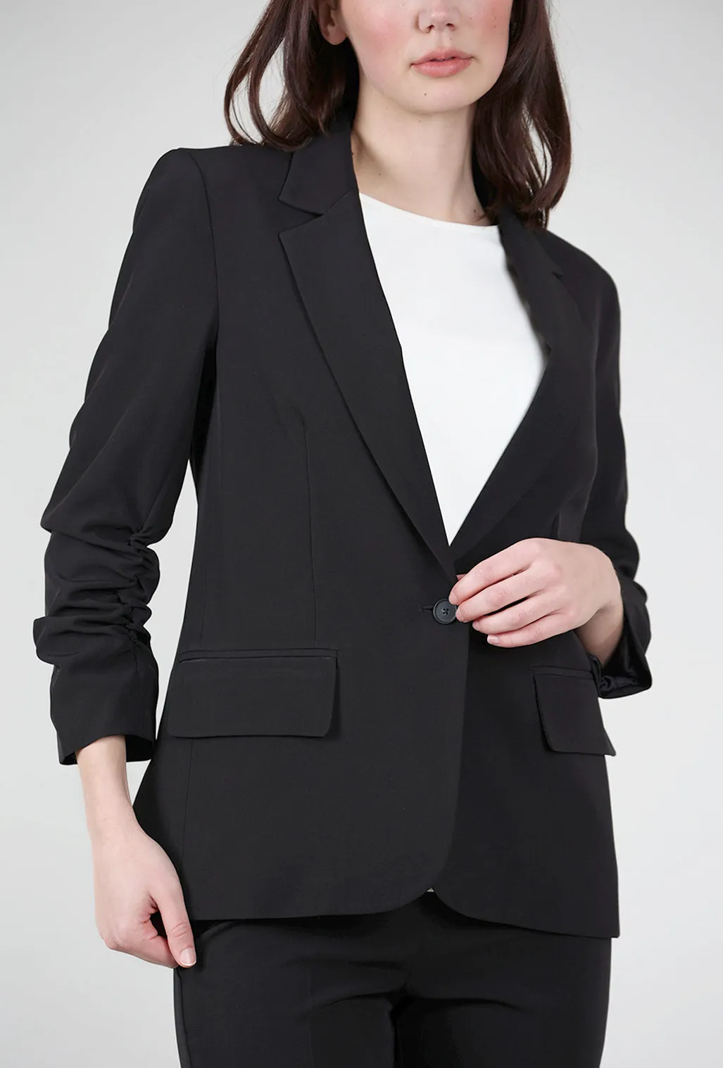 Crepe Ruched-Sleeve Blazer, Black