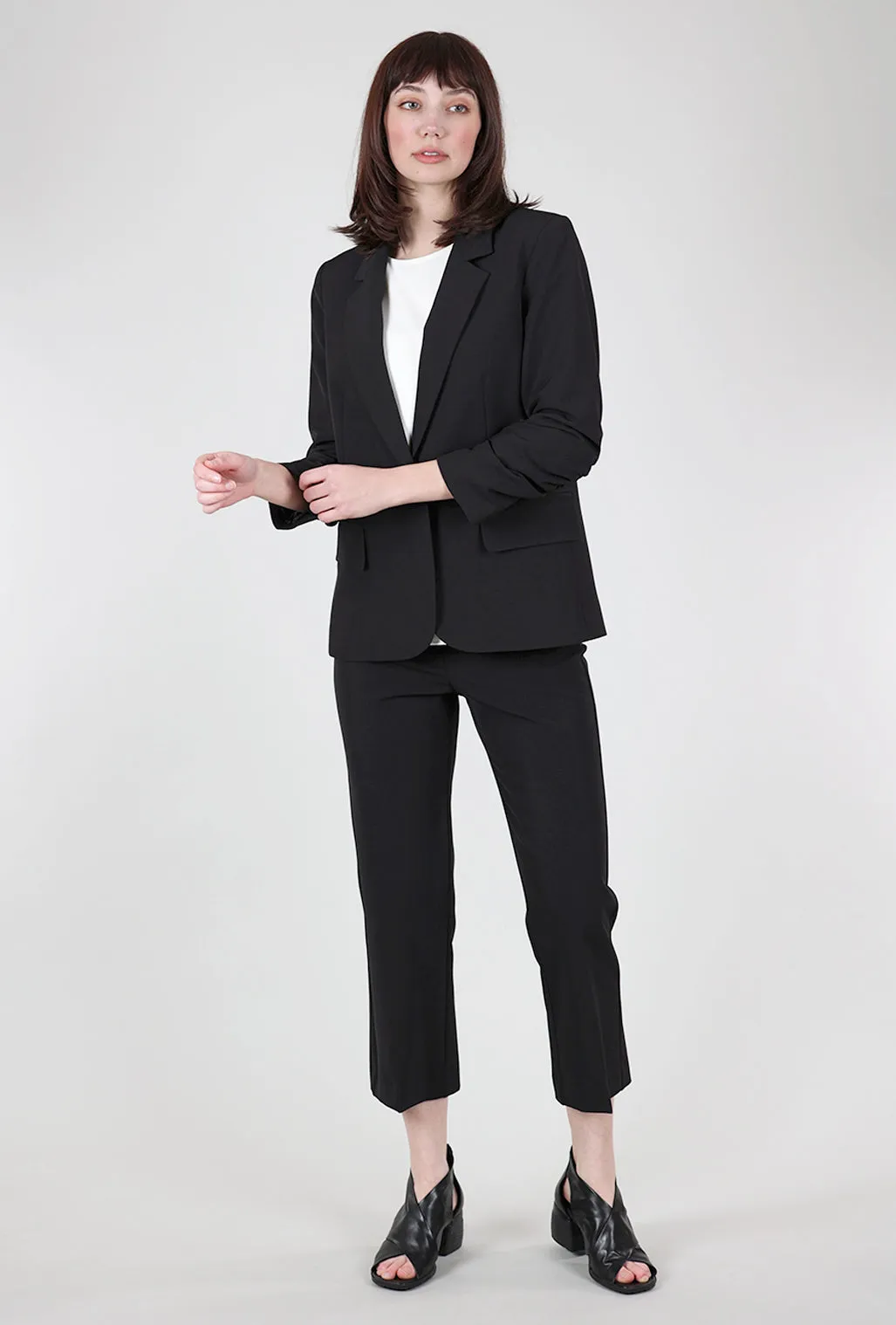 Crepe Ruched-Sleeve Blazer, Black