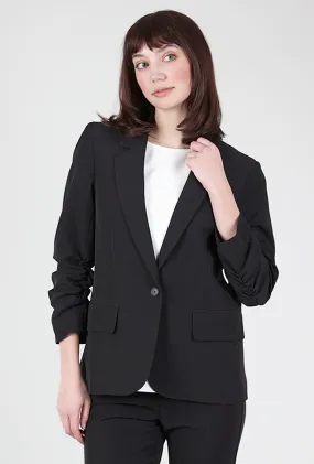 Crepe Ruched-Sleeve Blazer, Black