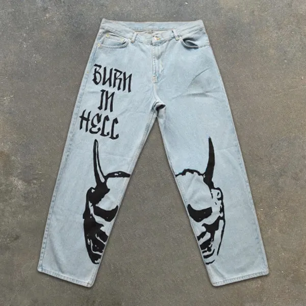 Devil Slogan Graphic Print Washed Light Jeans