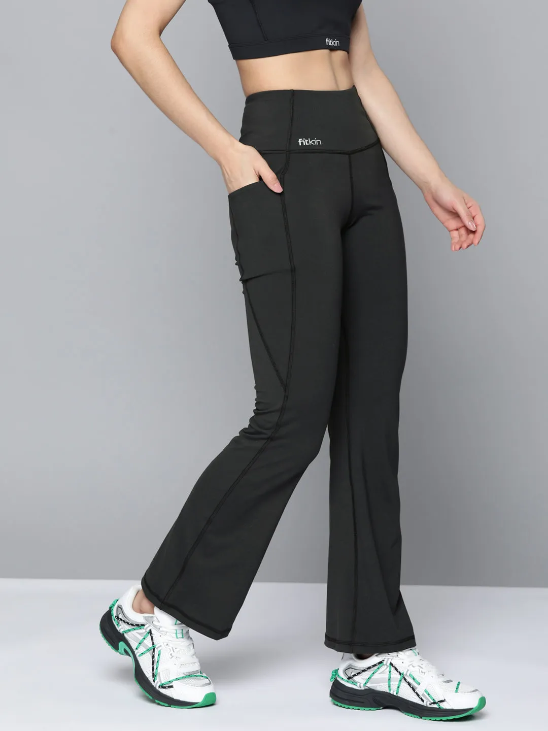 Fitkin Women Black Solid Bootcut Track Pants