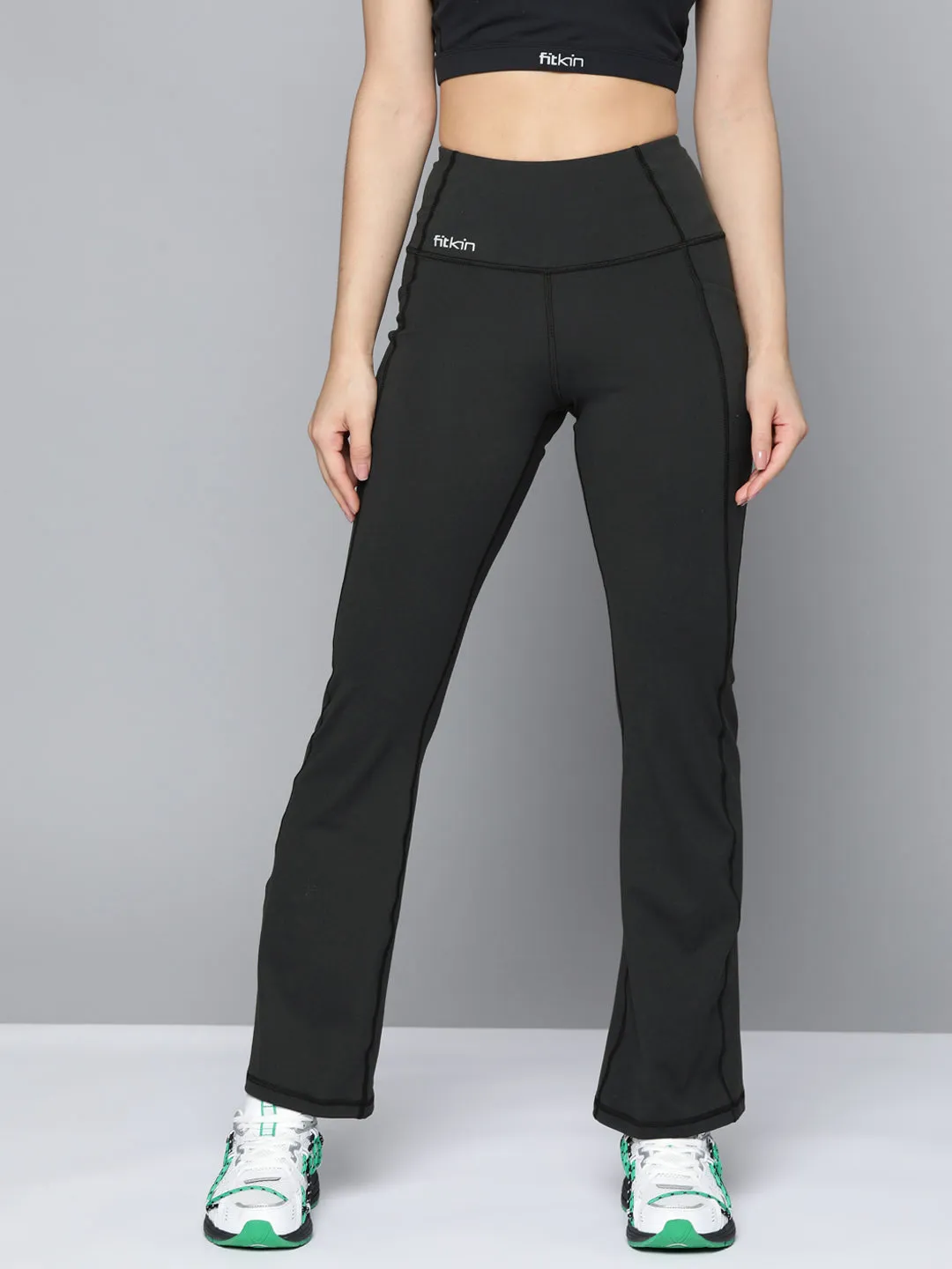 Fitkin Women Black Solid Bootcut Track Pants