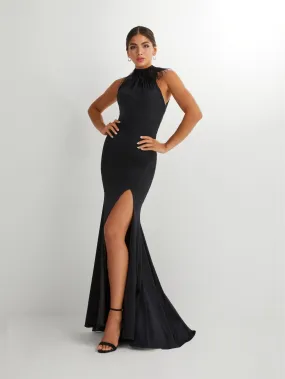 Fitted Halter Feather Jersey Gown by Studio 17 12913