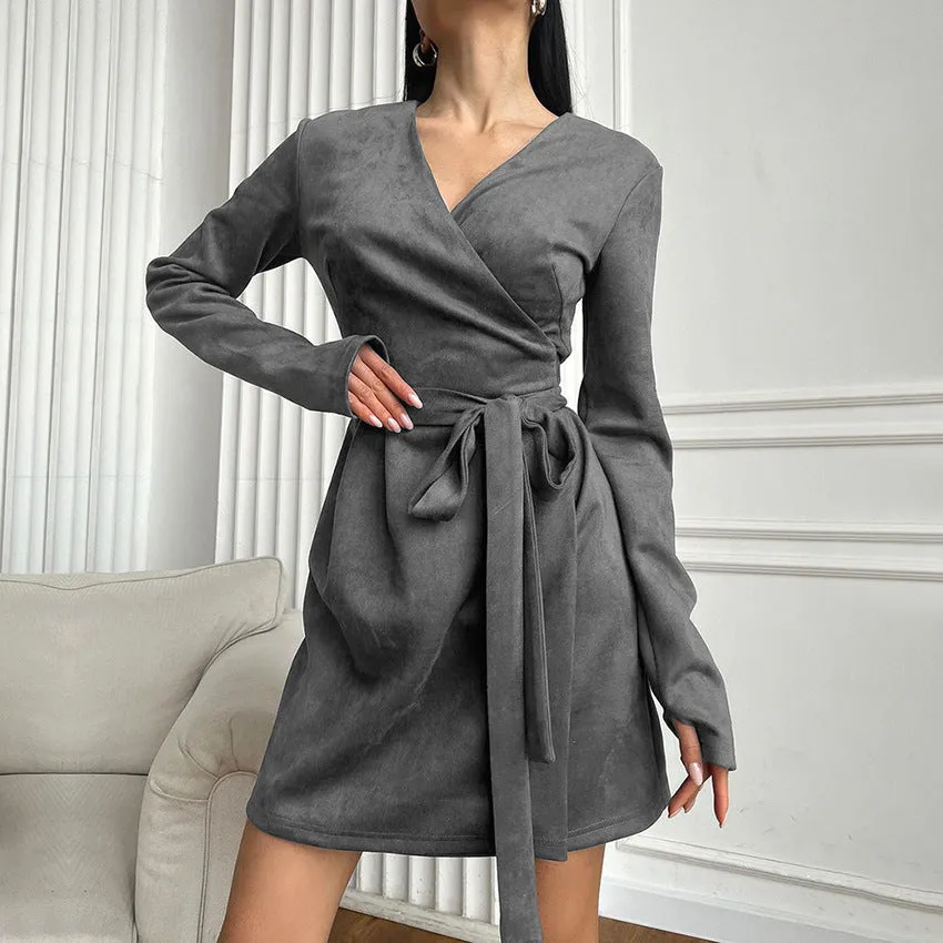 French Style Young Suede V-neck Stomach Blanket Dress