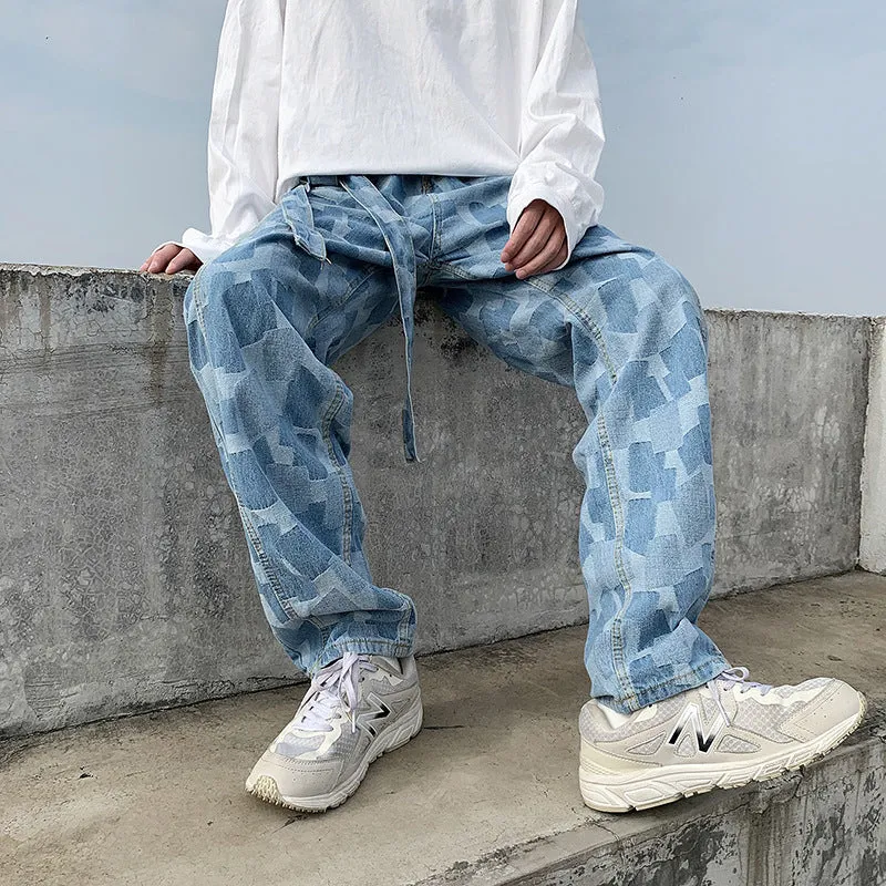 ins European and American high street dark retro lattice straight leg pants hip-hop tide brand loose casual drape denim trousers men