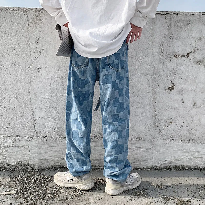 ins European and American high street dark retro lattice straight leg pants hip-hop tide brand loose casual drape denim trousers men