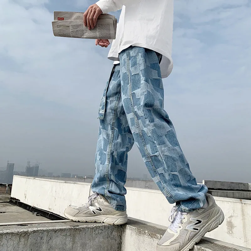 ins European and American high street dark retro lattice straight leg pants hip-hop tide brand loose casual drape denim trousers men