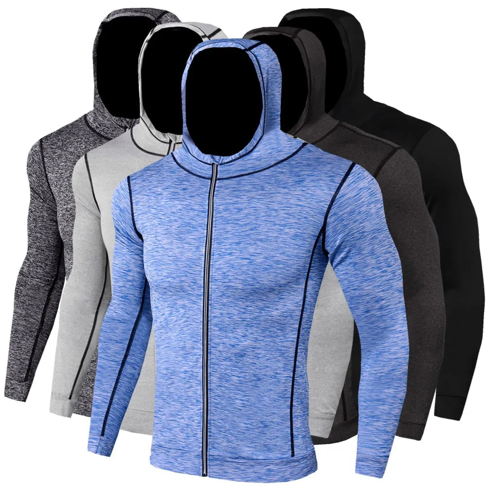 New Men's Running Jackets Fitness Sports Coat Hooded Tight Hoodie Gym Soccer Training Running Jogging Jackets Reflective Zipper Shirt.