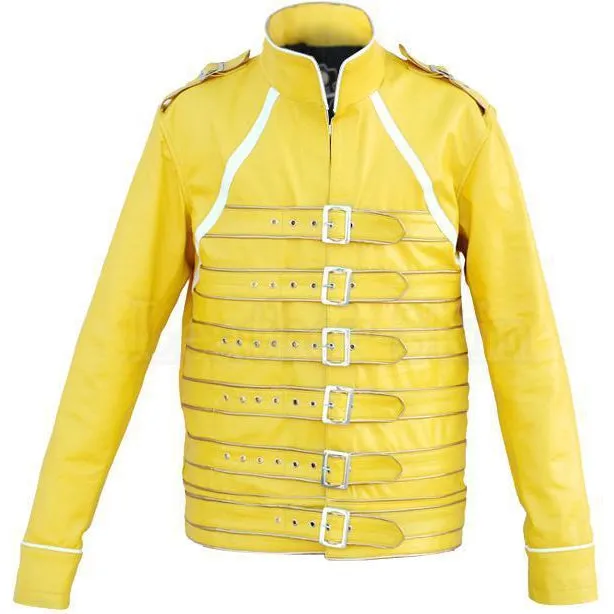 NWT Yellow Military Belted Unisex Fashion Stylish Premium Genuine Leather Jacket