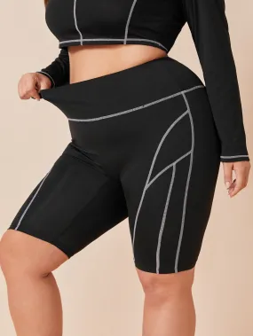 Plain Contrast Binding High Waist Plus Size Sports Shorts