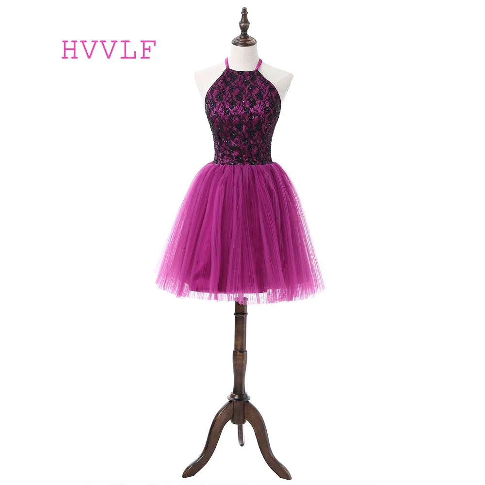 Purple 2019 Homecoming Dresses A-line Halter Short Mini Tulle Lace Beaded  Elegant Cocktail Dresses