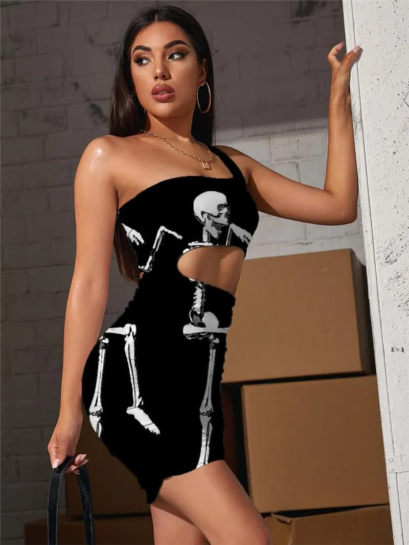 Skull Dresses Women Skeleton Halter Sleeveless Dancing Hollow out Dresses Funny Vestido Sexy