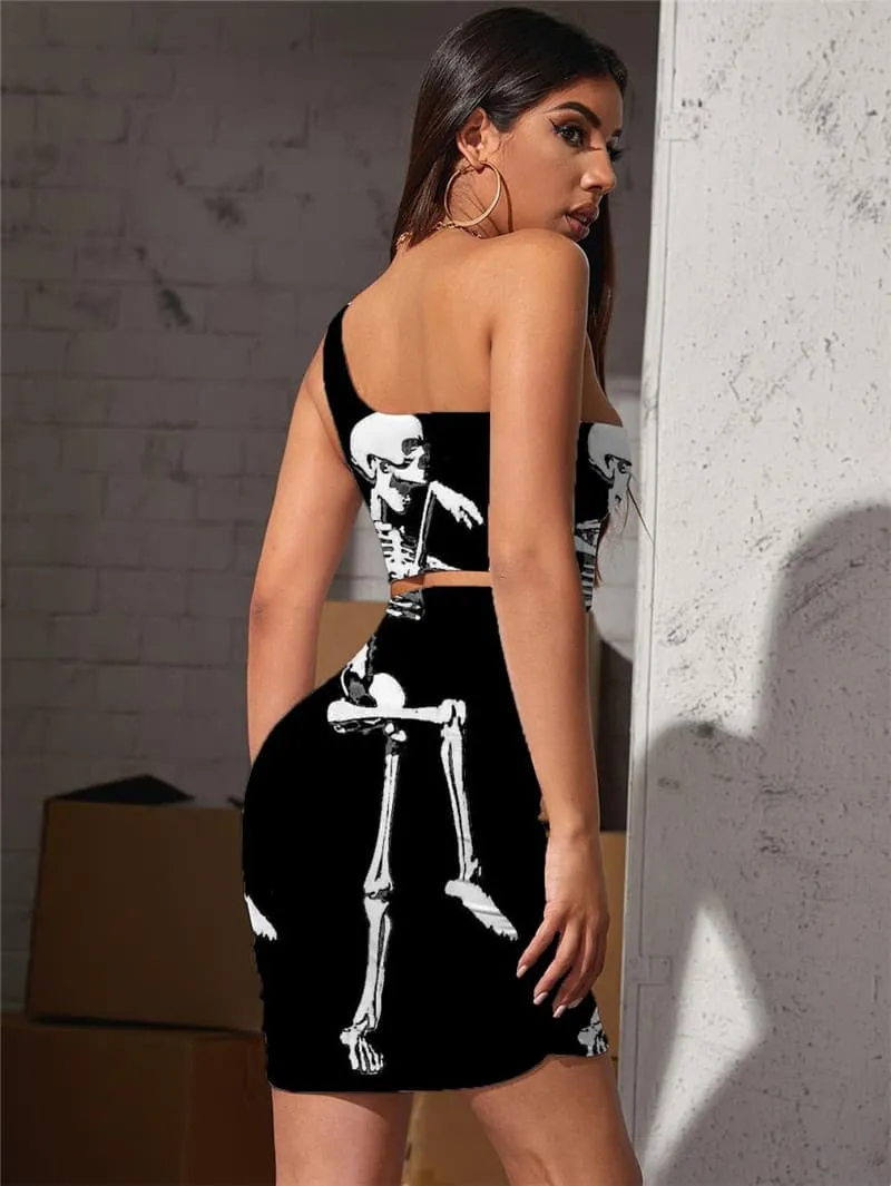 Skull Dresses Women Skeleton Halter Sleeveless Dancing Hollow out Dresses Funny Vestido Sexy