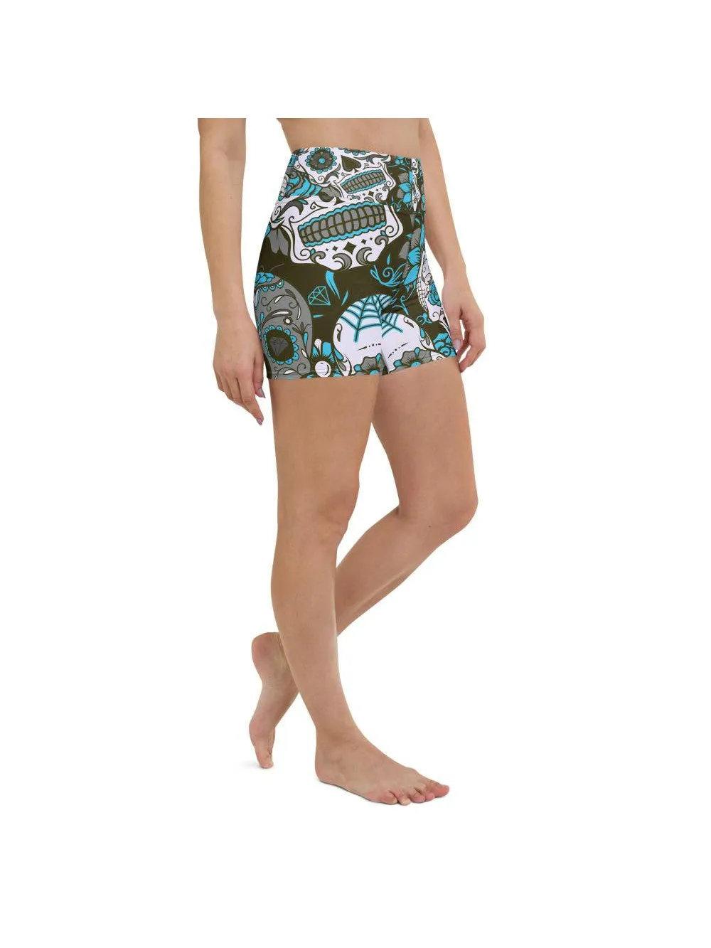 Sky Blue Sugar Skull Yoga Shorts