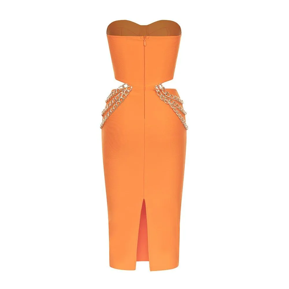 Strapless Sleeveless Orange Chain Midi Bandage Dress - GFIT SPORTS