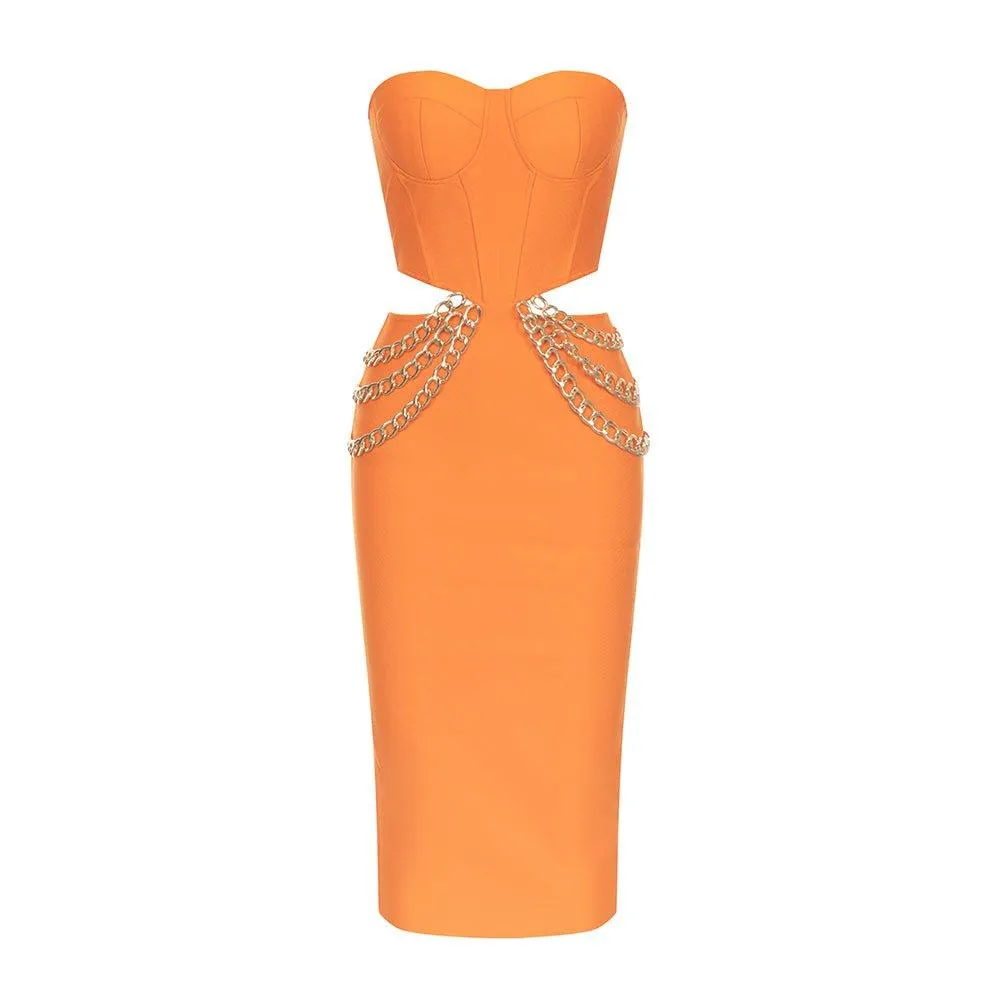 Strapless Sleeveless Orange Chain Midi Bandage Dress - GFIT SPORTS