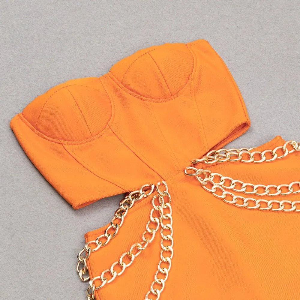 Strapless Sleeveless Orange Chain Midi Bandage Dress - GFIT SPORTS