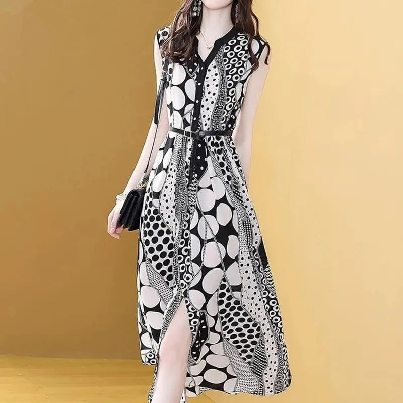 Summer New Women's Retro Fashion Printed Waist Sleeveless Midi Chiffon Dress Elegant Temperament Tank Dresses Vestidos De Fiesta S3740108