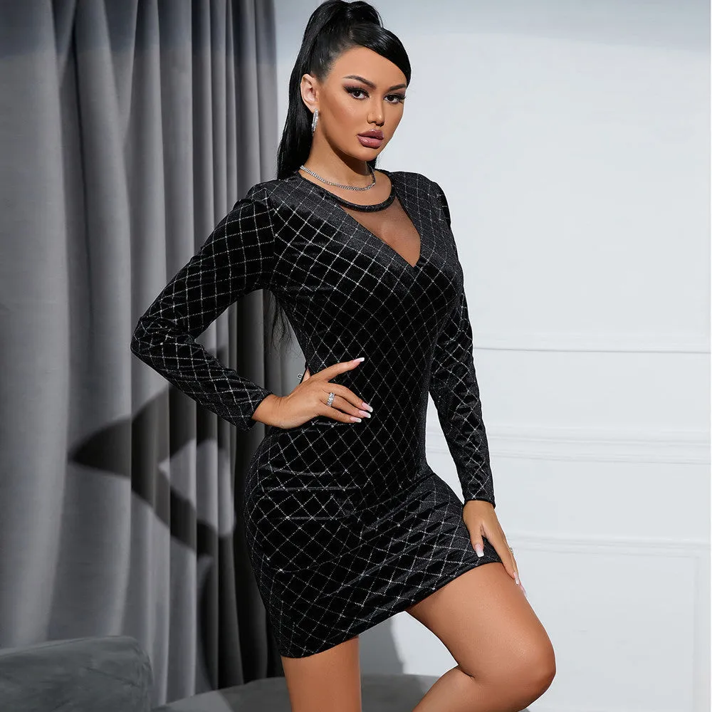 Waist-tight Velvet Rhinestone Luxury Dress Mesh Stitching