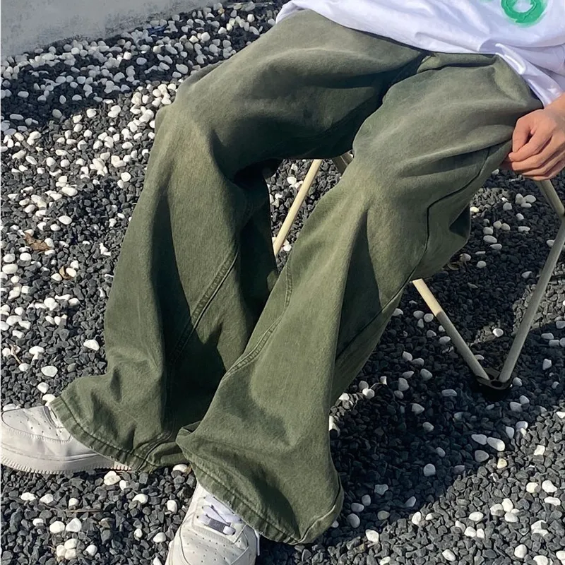 Washed Wide Leg Pants Green Jeans