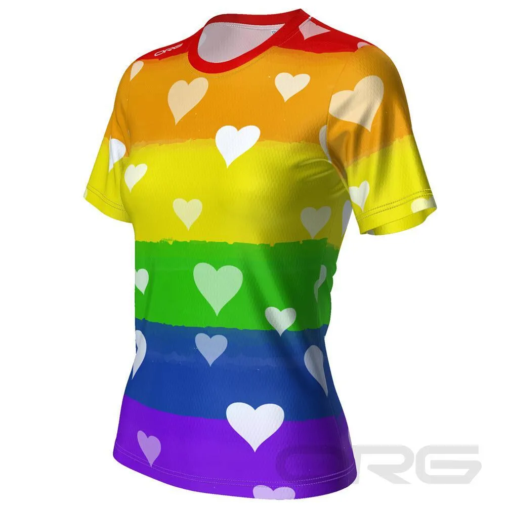 Women's Rainbow And Hearts Short Sleeve Running Shirt