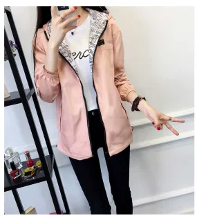 Women's Spring/Autumn Hooded Two-Side-Wear Cartoon-Printed Loose Windbreaker