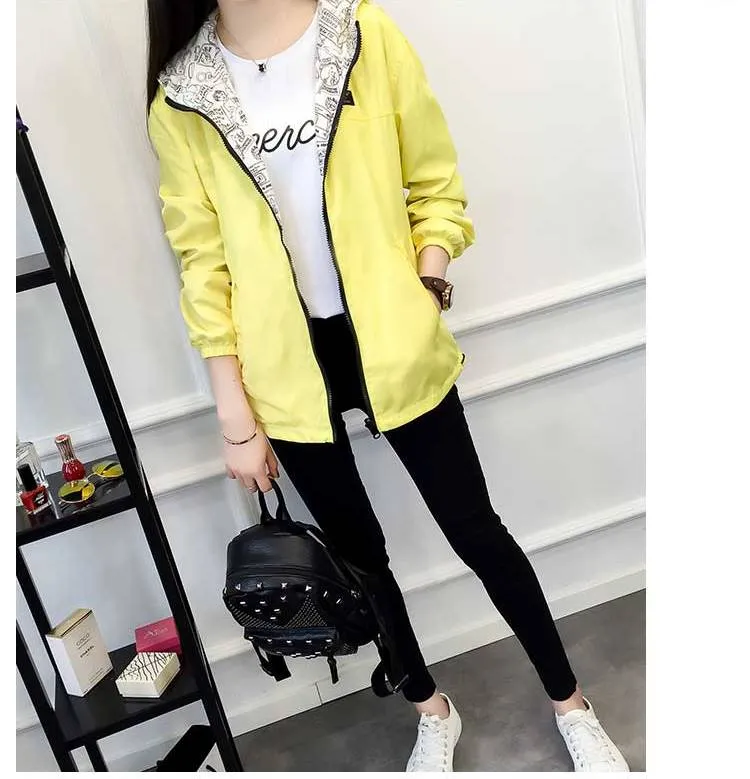 Women's Spring/Autumn Hooded Two-Side-Wear Cartoon-Printed Loose Windbreaker