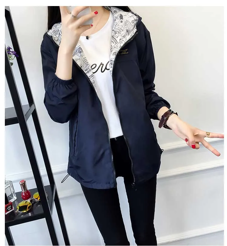 Women's Spring/Autumn Hooded Two-Side-Wear Cartoon-Printed Loose Windbreaker