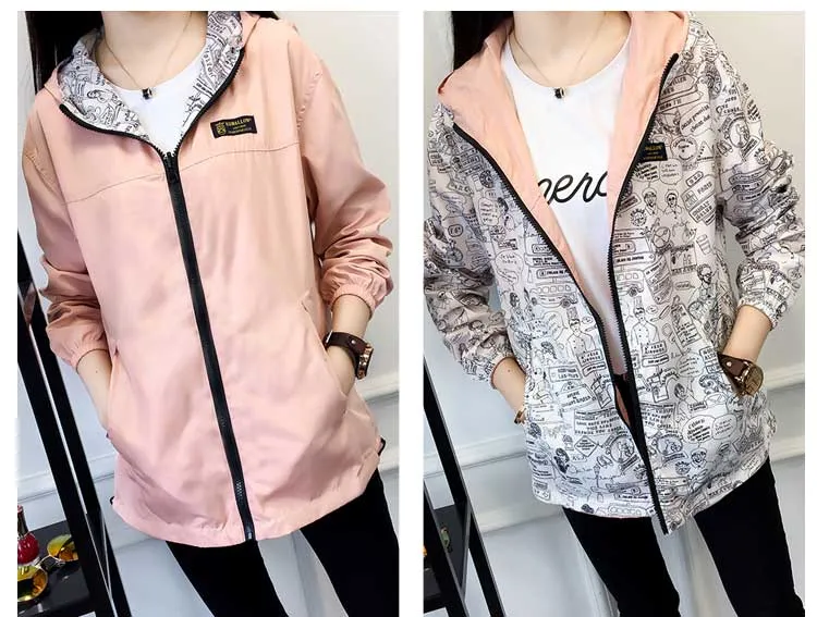 Women's Spring/Autumn Hooded Two-Side-Wear Cartoon-Printed Loose Windbreaker