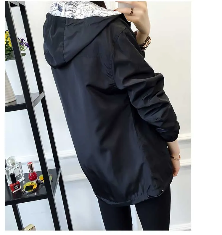 Women's Spring/Autumn Hooded Two-Side-Wear Cartoon-Printed Loose Windbreaker