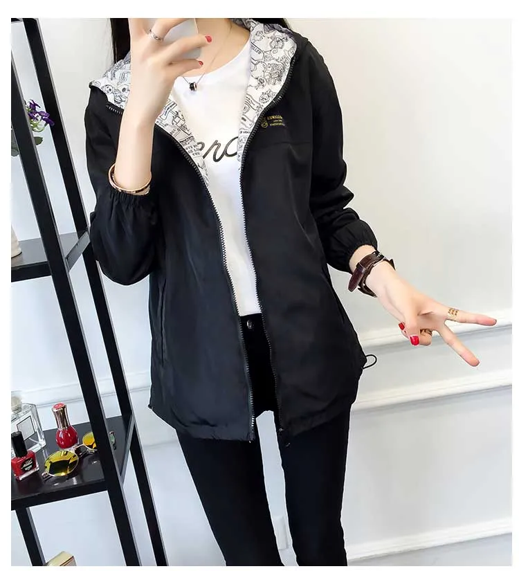 Women's Spring/Autumn Hooded Two-Side-Wear Cartoon-Printed Loose Windbreaker