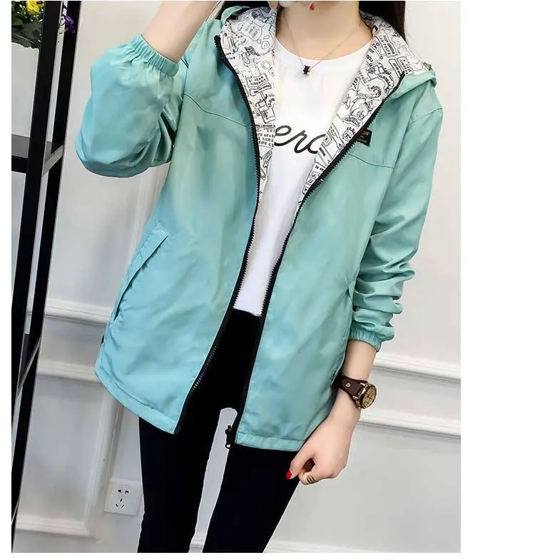 Women's Spring/Autumn Hooded Two-Side-Wear Cartoon-Printed Loose Windbreaker