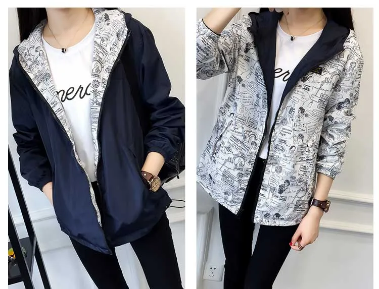 Women's Spring/Autumn Hooded Two-Side-Wear Cartoon-Printed Loose Windbreaker