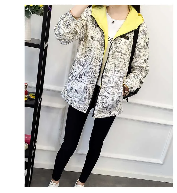 Women's Spring/Autumn Hooded Two-Side-Wear Cartoon-Printed Loose Windbreaker