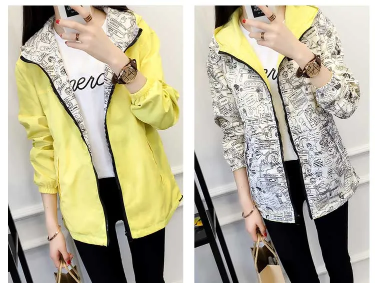 Women's Spring/Autumn Hooded Two-Side-Wear Cartoon-Printed Loose Windbreaker