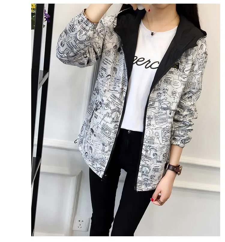 Women's Spring/Autumn Hooded Two-Side-Wear Cartoon-Printed Loose Windbreaker