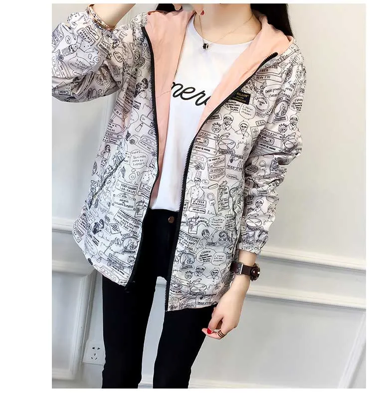 Women's Spring/Autumn Hooded Two-Side-Wear Cartoon-Printed Loose Windbreaker