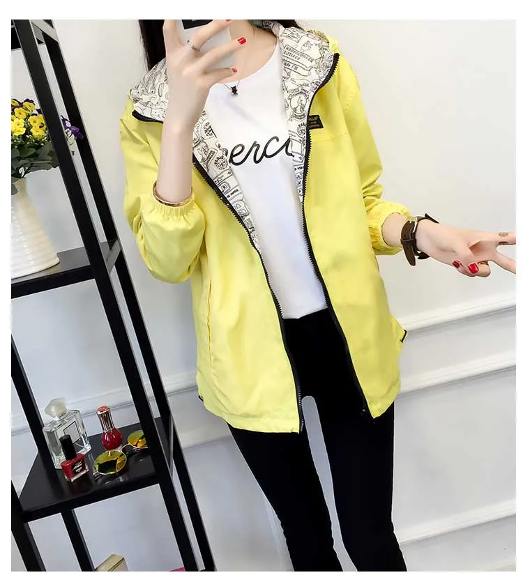 Women's Spring/Autumn Hooded Two-Side-Wear Cartoon-Printed Loose Windbreaker