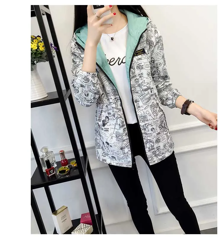 Women's Spring/Autumn Hooded Two-Side-Wear Cartoon-Printed Loose Windbreaker