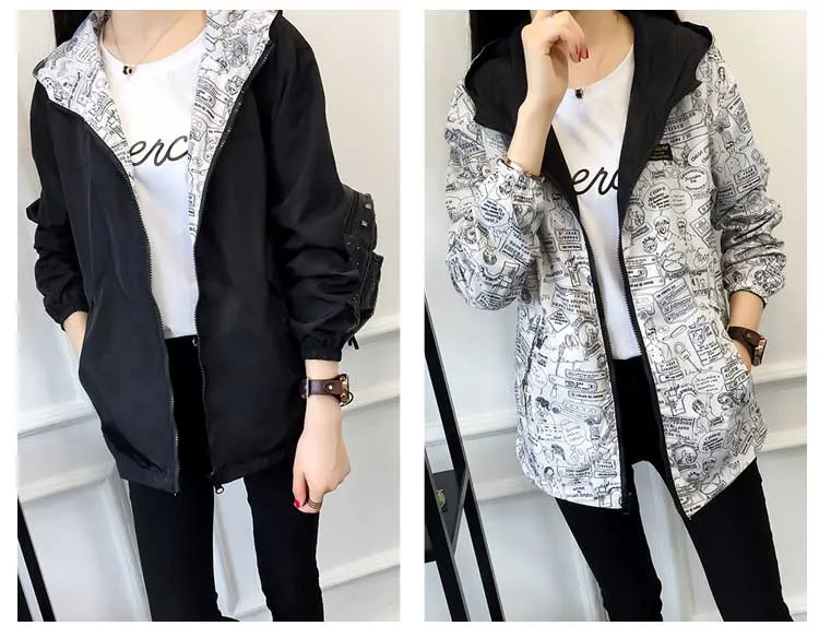 Women's Spring/Autumn Hooded Two-Side-Wear Cartoon-Printed Loose Windbreaker