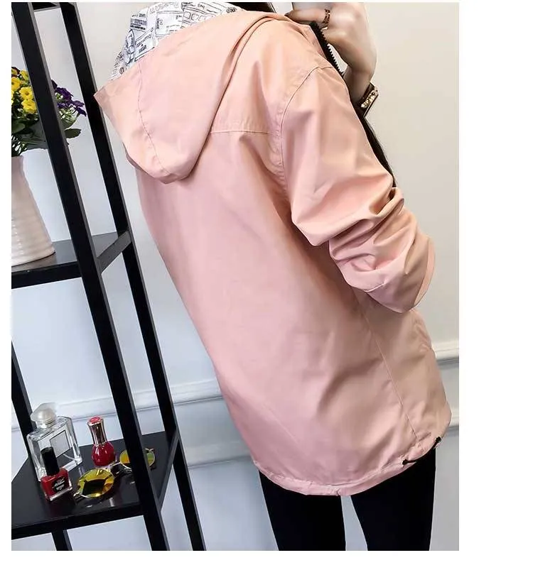 Women's Spring/Autumn Hooded Two-Side-Wear Cartoon-Printed Loose Windbreaker